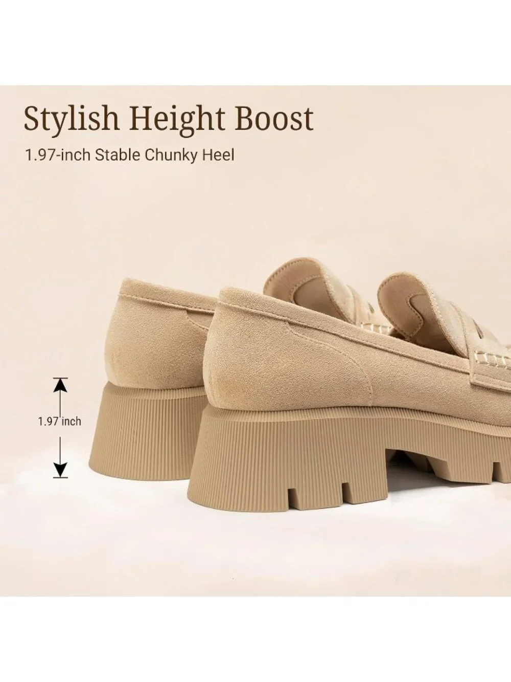 Women's Camel Round Toe Heeled Chunky Lug Sole Slip On Casual Penny Loafer Shoes
